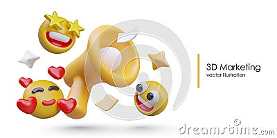 Concept of 3d marketing. Poster with emoticon with stars eyes, face with smile and flying hearts Vector Illustration