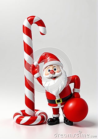 3D Toy Of Santa Claus Wrapping A Giant Candy Cane On A White Background. Generative AI Stock Photo