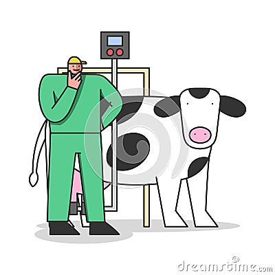 Concept Of Dairy Production. Man Milk Factory Worker In Uniform Controls Process Of Milking Cows Vector Illustration
