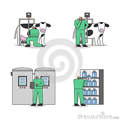 Concept Of Dairy Production. Operators In Uniform Use Professional Equipment For Milking Cows Vector Illustration