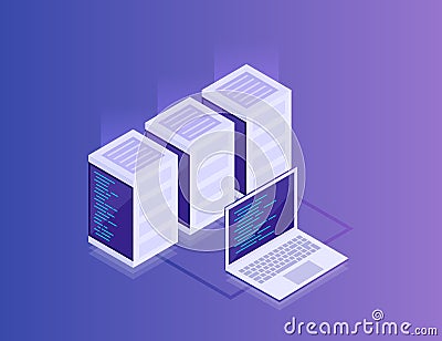 Concept of data network management. Cloud storage data and synchronization of devices. Vector Illustration