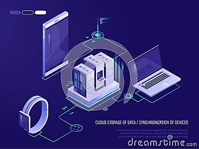 Concept of data network management .Vector isometric map with business networking servers, computers and devices.Cloud Vector Illustration