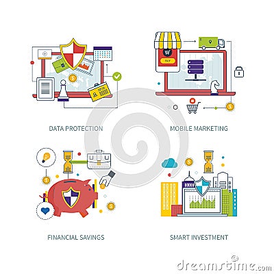 Concept for data protection, mobile marketing, financial strategy, smart investment Vector Illustration