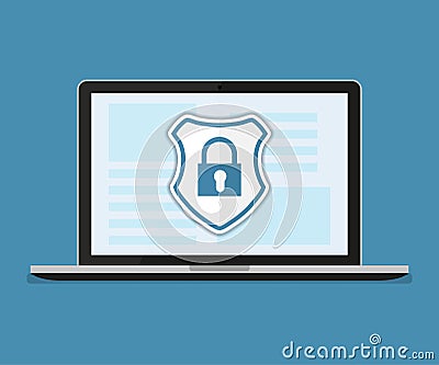 Concept is data security Access .Shield on Computer Desktop or laptop protect sensitive data. Internet security. Vector design Vector Illustration