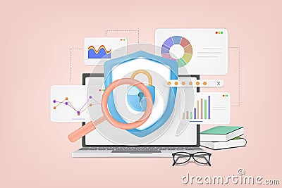 Concept of data security Access. Shield on laptop screen protect sensitive data. Internet security. Data protection, data Vector Illustration