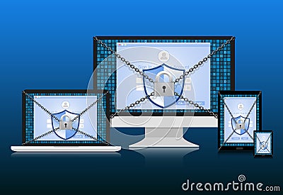 Concept is data security. Shield on computer,Labtop Samart phone and Tablet protect sensitive data. Internet security. Vector Stock Photo