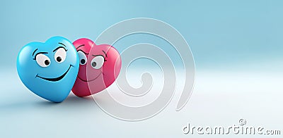 Concept of dating or flirting. Two heart shape emoticons hugging each other. Stock Photo