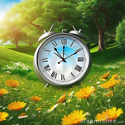 The concept of daylight saving The clock is moved forward one Floral landscape with alarm Flat Cartoon Illustration