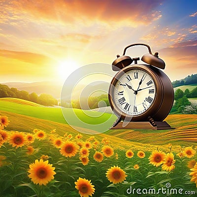 The concept of daylight saving The clock is moved forward one Floral landscape with alarm Flat Cartoon Illustration