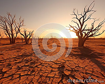 concept of dead trees over a barren landscape. Cartoon Illustration