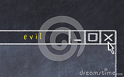 Concept of dealing with problem. Chalk drawing of closing program window with caption evil Stock Photo