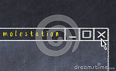 Concept of dealing with problem. Chalk drawing of closing program window with caption molestation Stock Photo