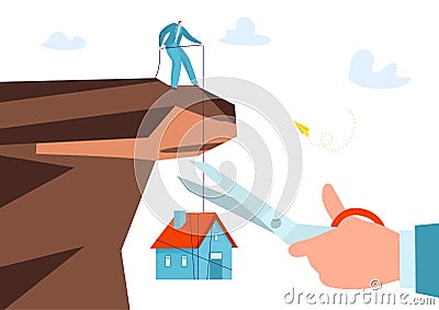 Concept debtor standing edge cliff hold personal house, debt mortgage loan flat vector illustration, businessman Vector Illustration