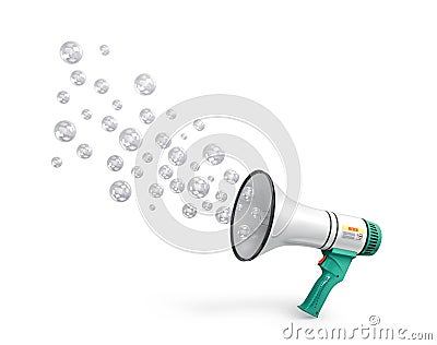 Concept of deception and fraud. loudspeaker from which soap bubbles emerge. 3d Cartoon Illustration