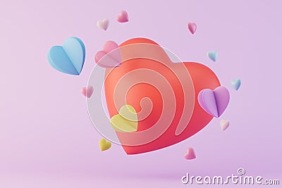 the concept of a declaration of love. a large red heart next to multi-colored hearts on a pastel background. 3D render Stock Photo