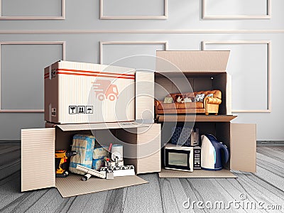 Concept of delivery of goods for home repair goods furniture and household appliances in open boxes lying on the wooden floor in Stock Photo