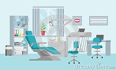 Concept of a dental unit with an adjustable chair, lamp, shelf, sink and window. Medical office in a flat style. Modern interior Cartoon Illustration