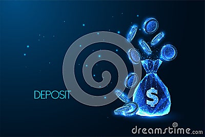 Concept of deposit, financial savings with money bag and flying coins in futuristic glowing style Vector Illustration