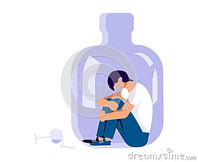 Concept with depressed character is sitting into a alcohol bottle Vector Illustration