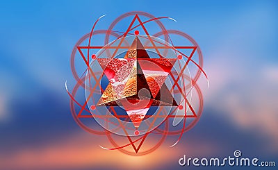 Concept design of red circles and triangles interlocked composing a symbol of occult alchemical philosopher`s stone. Stock Photo