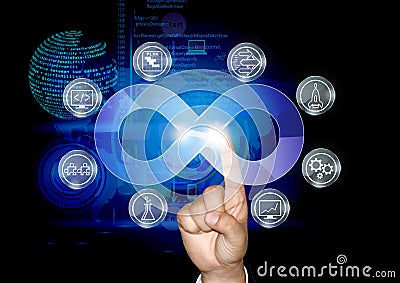 Concept of DevOps, the business man initiating devops process through screen touch Stock Photo