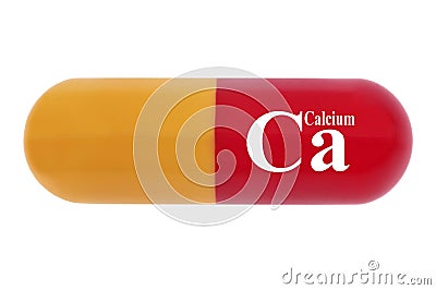 Concept of dietary supplement with a calcium capsule close-up on white background Stock Photo