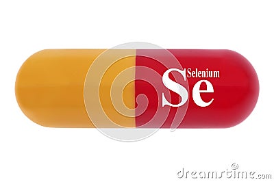 Concept of dietary supplement with selenium capsule close-up on white background Stock Photo