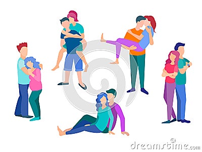 The concept of different poses and emotions of love and affection of young people Vector Illustration