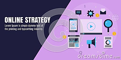 Online marketing strategy, digital branding, business, content, seo, social media, analytics, web promotion concept. Flat banner. Vector Illustration