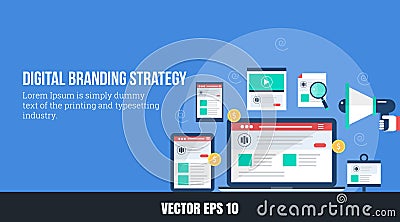 Concept of digital branding - online brand strategy, flat design vector web banner Vector Illustration