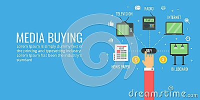 Digital media buying - offline media advertising. Flat design advertising banner. Vector Illustration