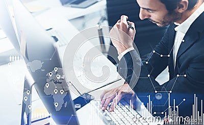 Concept of digital screen,virtual connection icon,diagram,graph interfaces.Businessman analyze stock reports.Blurred Stock Photo