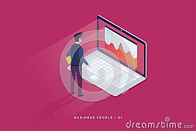 Concept of digital technology. Businessman standing in front of laptop and looks at growth statistics. Vector Illustration