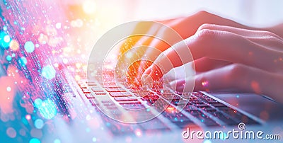 The concept of digital technology and software development. A coding programmer on a laptop with a circuit board and Stock Photo