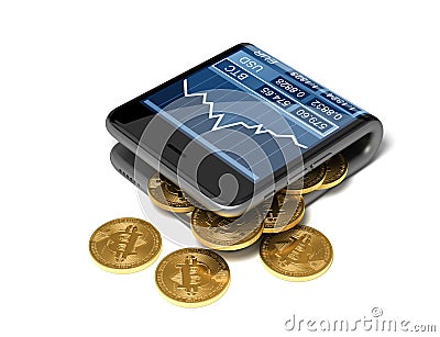 Concept Of Digital Wallet And Bitcoins. Gold Bitcoins Spill Out Of The Curved Smartphone. Stock Photo