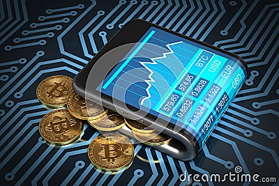 Concept Of Digital Wallet And Gold Bitcoins On Printed Circuit Board Stock Photo