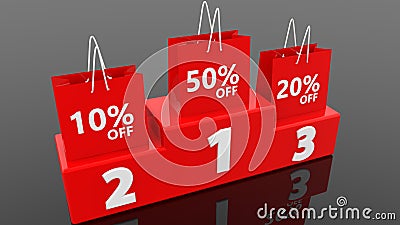 Concept of discount with shopping bags on podium Cartoon Illustration