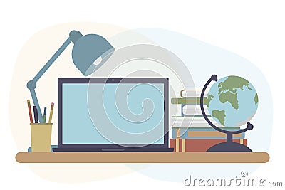 Concept of distance education, workplace of student or pupil. Laptop and books and globe, lump, pen and pencil. Vector Vector Illustration