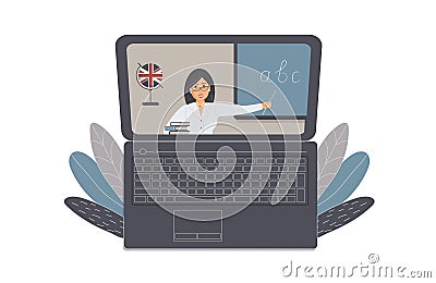 The concept of distance learning e-learning or online training during the virus epidemic.Laptop with open Internet page with cute Vector Illustration