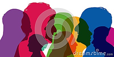 Concept of diversity, with silhouettes in colors; showing different profiles of young men and women. Stock Photo