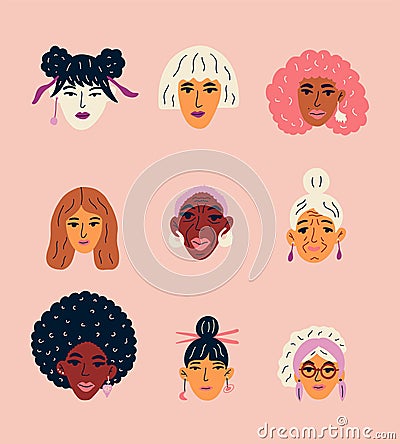 Concept of diversity with women of different races and ages. Multiethnic group of beautiful women with various faces. Vector Illustration
