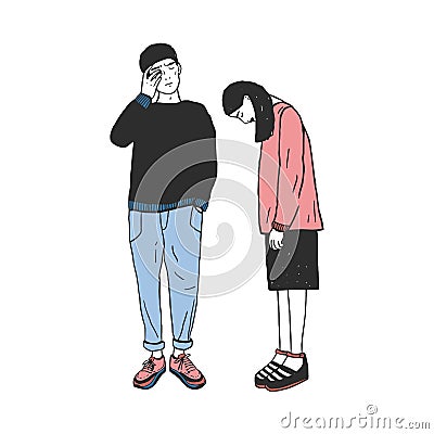 Concept of divorce, crack in relationships,family split. Sad girl and guy after parting. Colorful vector hand drawn Vector Illustration