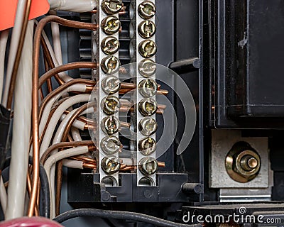 Home electrical breaker box with copper wiring Stock Photo