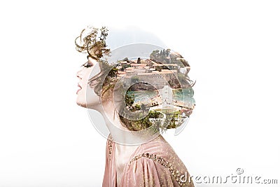 Concept of dreams. Portrait double exposure effect. Stock Photo