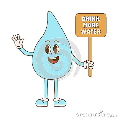 Concept drink more water. Cartoon cute drop water character in retro style. Zero waste Vector Illustration