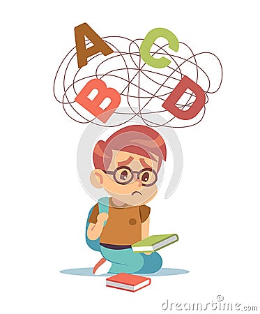 Concept of dyslexia, young boy has learning difficulties. Little child try to read, flying messed letters above Vector Illustration