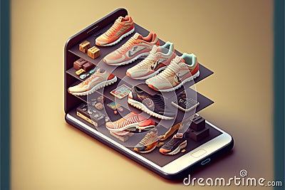 Concept of e-commerce, online shopping of male sports shoe. Generative AI Cartoon Illustration