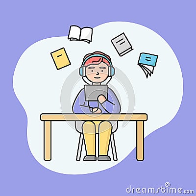 Concept Of E learning And Self Education. Young Man Educating Online. Male Character In Headphones Has An Online Remote Vector Illustration