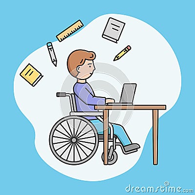 Concept Of E learning And Self And Remote Education. Handicapped Man In Wheelchair Educating Online. Male Character Has Vector Illustration