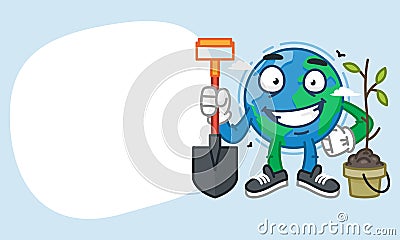 Concept Earth Character Holding Shovel and Smiling Vector Illustration